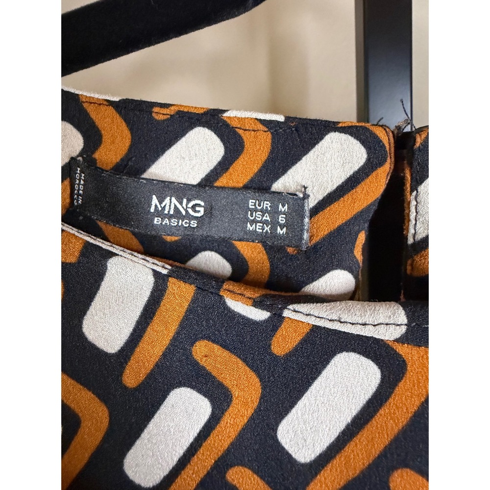 Mango MNG Basics Women Black Orange Geometric Print Long Sleeve Blouse Size 6